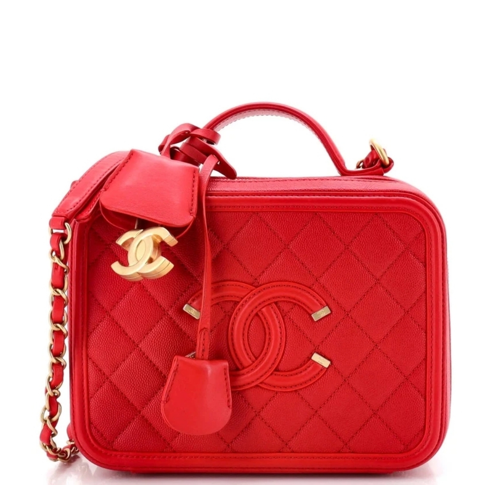 Like New! Authenticated CHANEL Small CC Filigree Vanity Case Red Caviar Leather